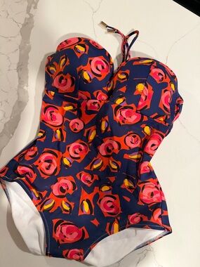 HUIT Floral Halter One-Piece Swimsuit — Navy with Pink & Orange Floral Print